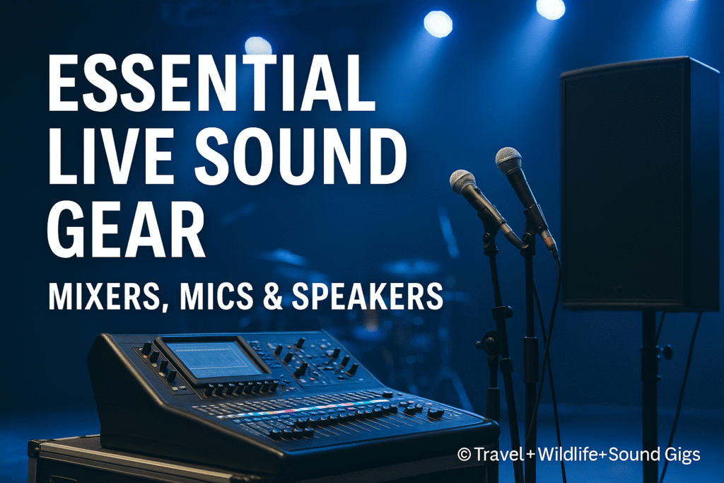 Digital mixer, microphones, and PA speaker under concert lighting on a live stage, feature image for Essential Live Sound Gear Mixers Mics and Speakers blog post.