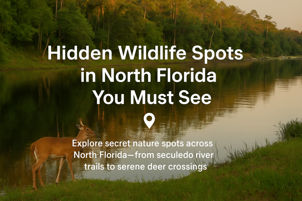 Deer standing by a calm river at sunrise in North Florida — hero image for the Hidden Wildlife Spots in North Florida You Must See blog post.