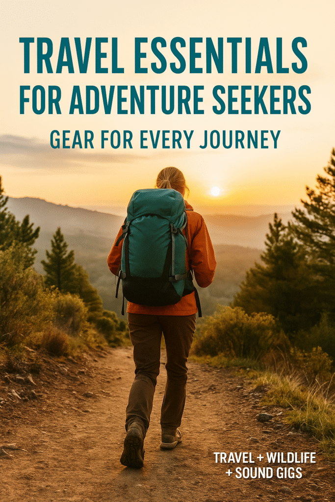 Hiker wearing an orange jacket and teal backpack walking a trail at sunrise with text overlay Travel Essentials for Adventure Seekers.