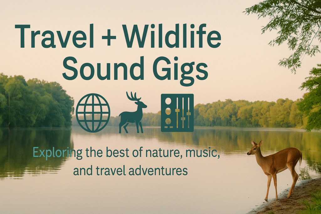Travel + Wildlife + Sound Gigs feature image showing a deer by a calm river and forest backdrop, symbolizing travel, wildlife, and live sound adventures across North Florida.