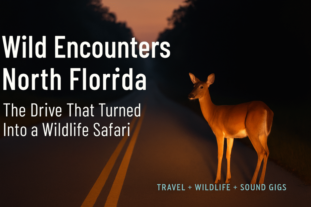 Deer illuminated by truck headlights on a rural North Florida road near Spirit of the Suwannee, representing a wild encounter during a late-night drive.