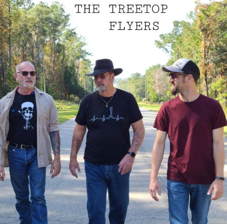 Treetop Flyers performing live in North Florida, featuring guitars, vocals, and energetic stage lighting during a country-rock show.