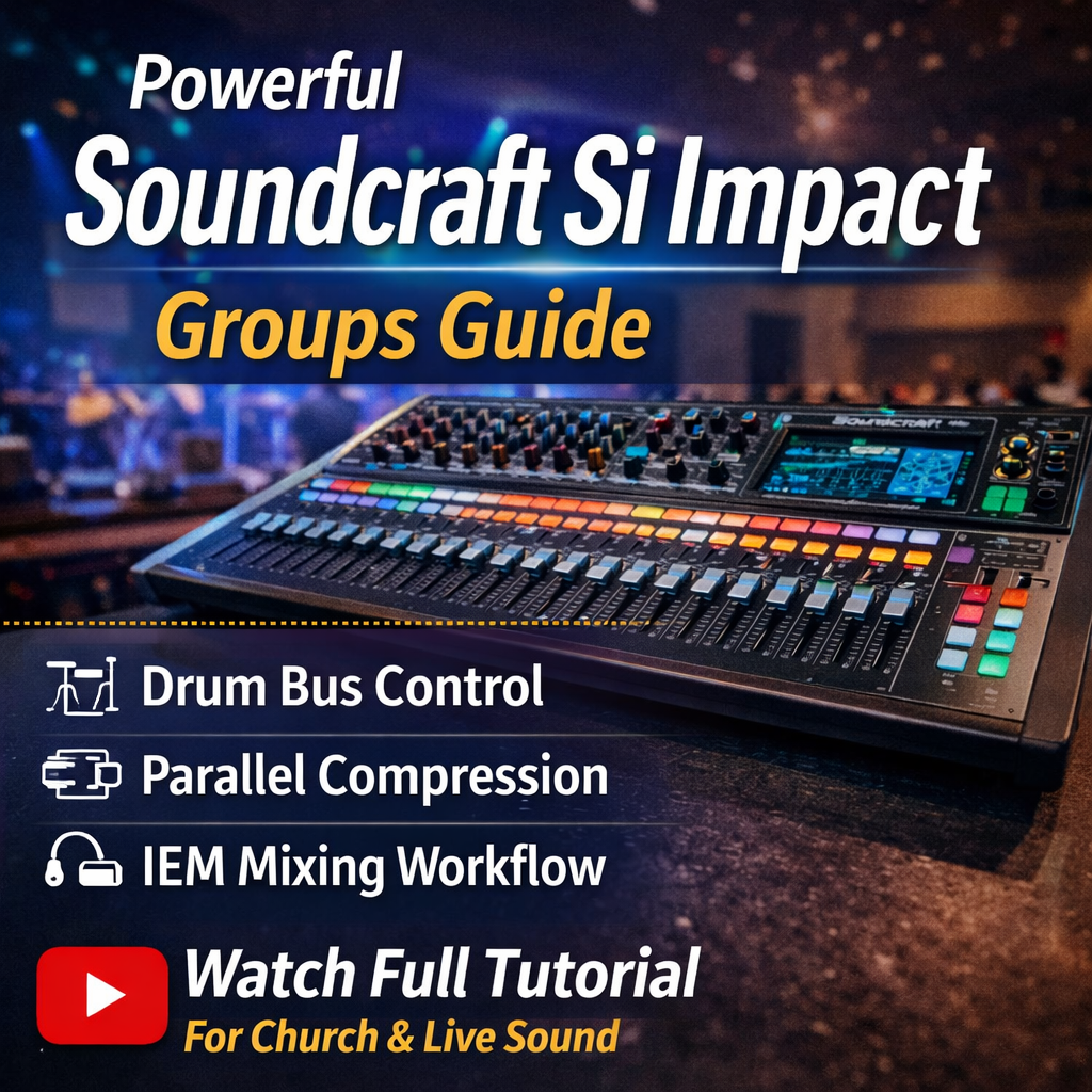 Soundcraft Si Impact groups guide showing drum bus control, parallel compression, and IEM mixing for church audio