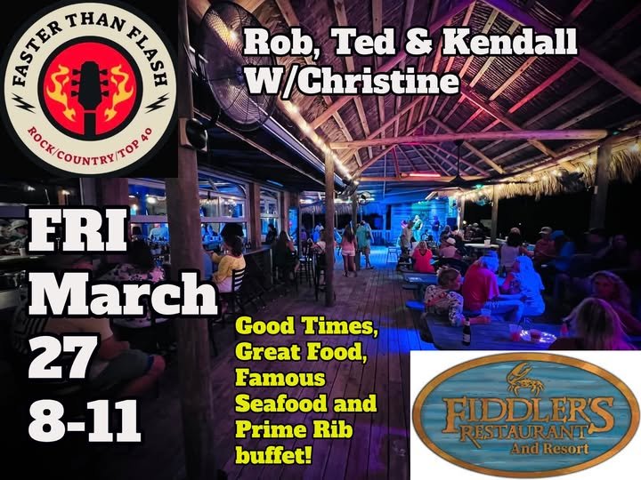 Faster Than Flash performing live in Steinhatchee, Florida on Friday night with an energetic crowd enjoying live music.