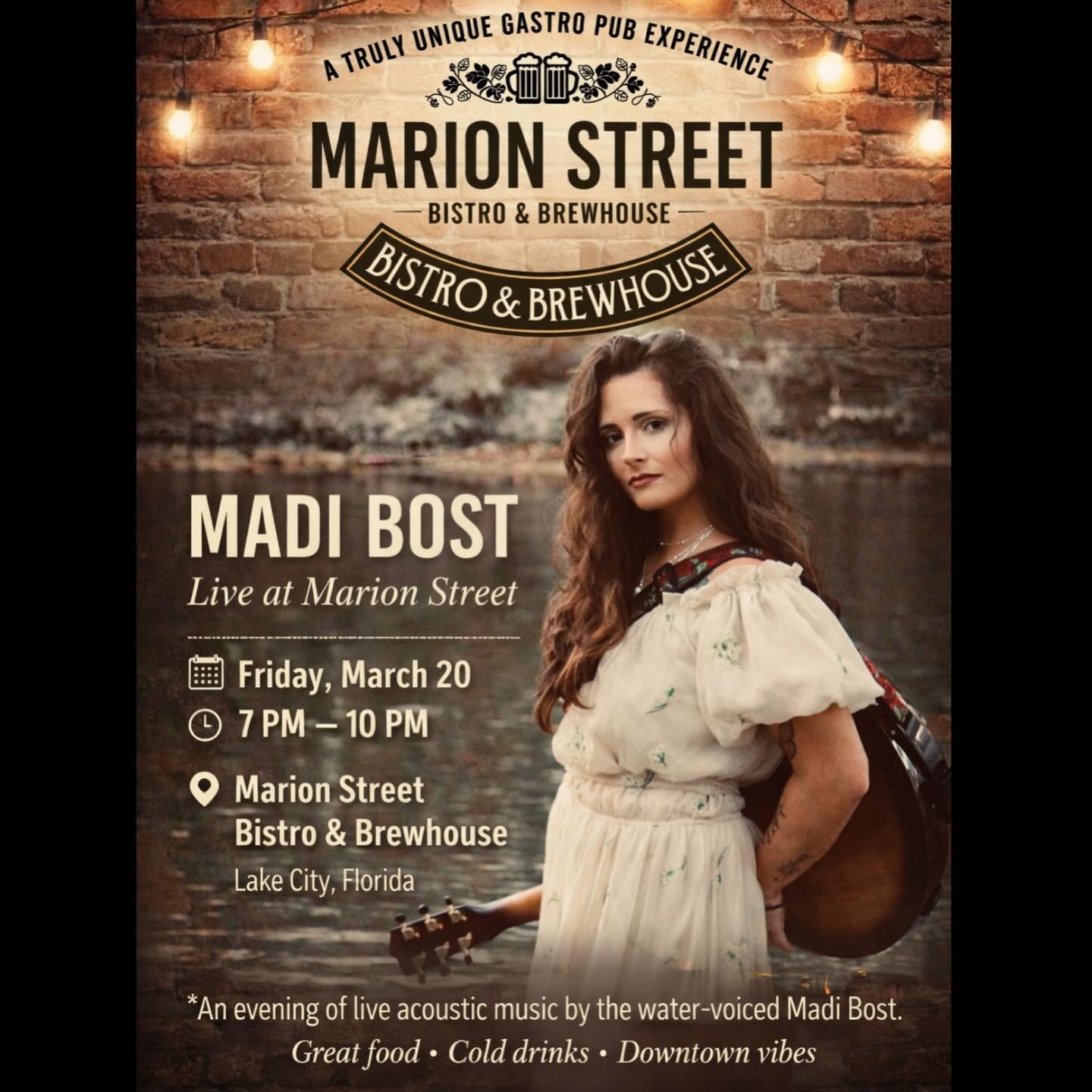 Madi Bost performing live on stage at Marion Street Bistro & Brew House in Lake City, Florida