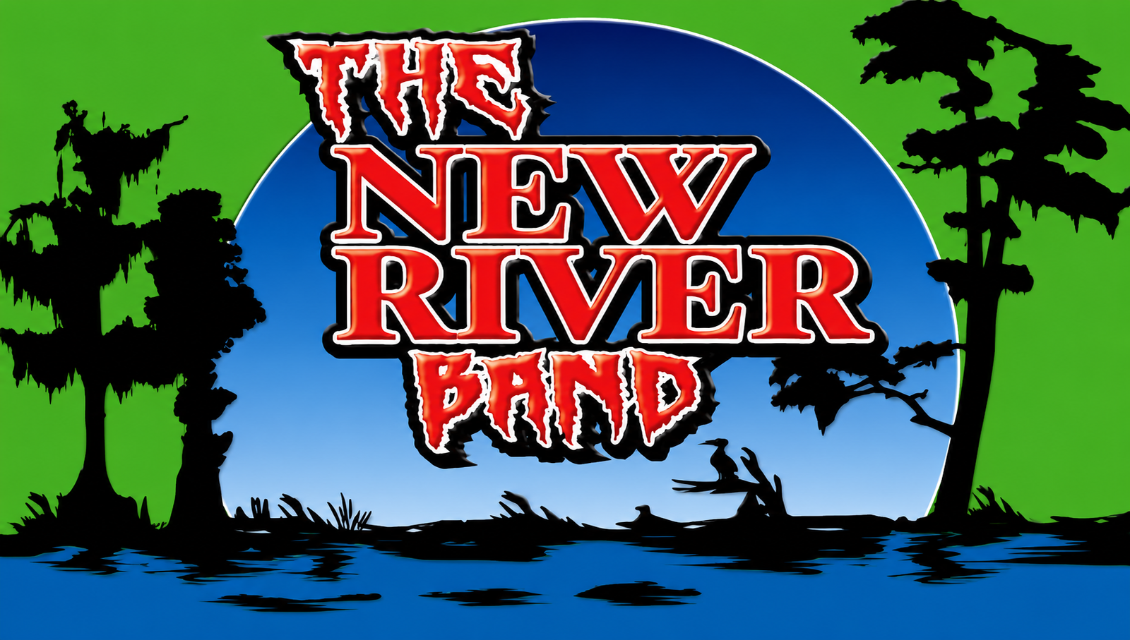 The New River Band official logo featuring swamp scenery and bold red lettering promoting North Florida live music.