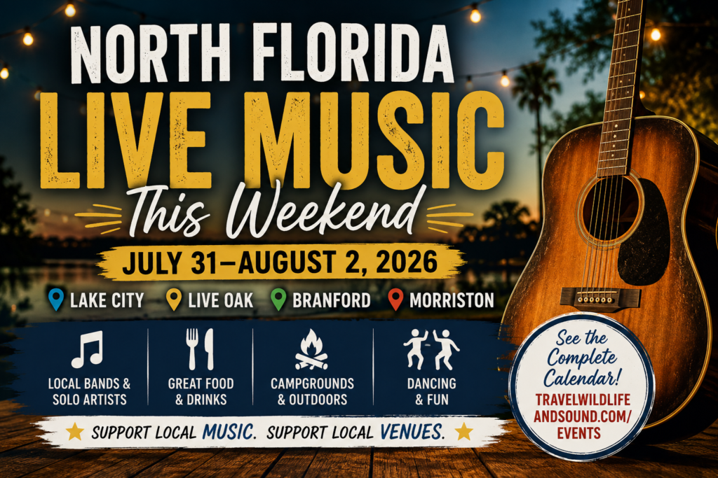 North Florida live music this weekend July 31 through August 2, 2026, featuring shows in Lake City, Live Oak, Branford and Morriston.
